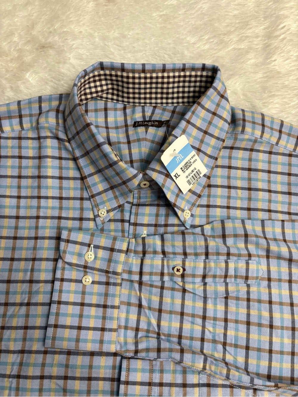 J. McLaughlin Light Blue and Brown Check Button-Down Shirt